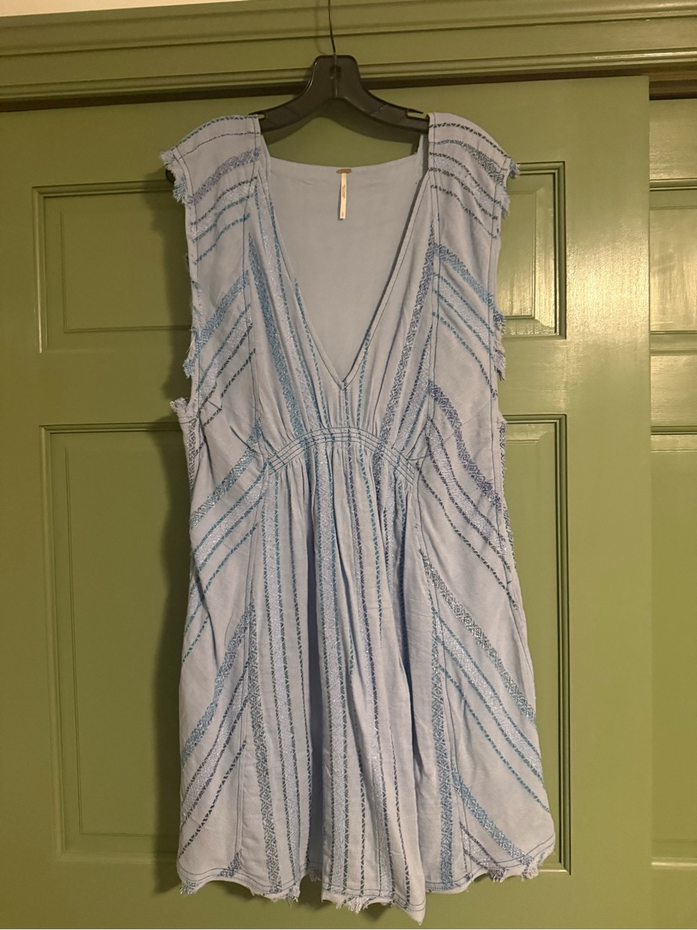 Free People Pale Blue V-Neck Mini Dress with Striped Stitching